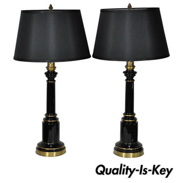 Pair Neoclassical French Empire Style Black Glass Column Shaft Table Lamps