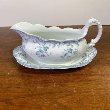 Antique Henry Alcock &amp; Co Oxford Blue Gravy Boat and Underplate Transferware 