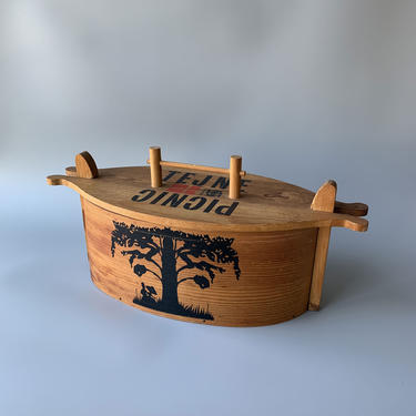 Vintage Danish Bent Wood Tejne Picnic Basket Lunch Box Scandinavian Decor 