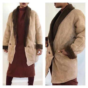 Vintage 1980s 1990s 90s Shearling Leather Suede Coat Sheep Skin Brown Tan Long Knee Length Lined Winter Oversized Boho Minimal Jacket 
