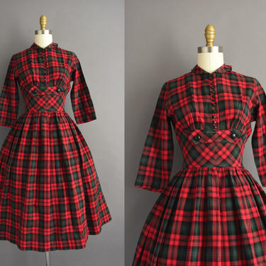 vintage 1950s | Adorable Red &amp; Green Plaid Print Sweeping Full Skirt Cotton Holiday Party Dress | XS Small | 50s dress 