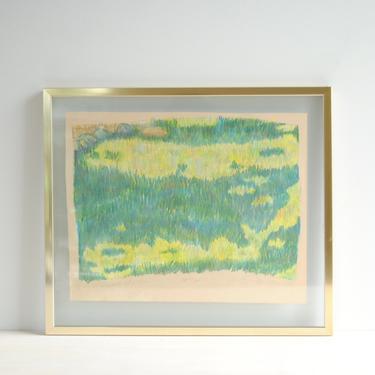 Vintage Pencil Drawing of a Grassy Field in Green and Yellow, Framed Signed Vintage 1970s Art, Landscape Drawing 