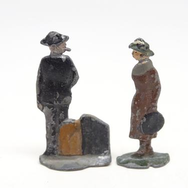 Antique Heinrichsen Winter German Flat Lead Man &amp; Woman, Vintage Hand Painted Lead Couple Toy for Christmas Putz 