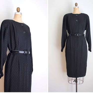 vintage 80s black silk dress - 80s dress / polka dot jacquard silk dress - 80s black silk dress / New Wave dress - 80s black silk dress 