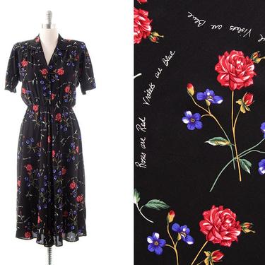 Vintage 1980s Shirt Dress | 1940s Style ROSES ARE RED Novelty Print Floral Rayon Black Fit & Flare Shirtwaist Midi Day Dress (medium/large) 