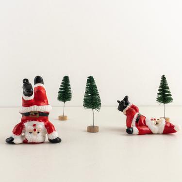Set of 2 Vintage Santa Ornaments, Jolly Santa Claus Figurine Pair, Retro Christmas Decor 