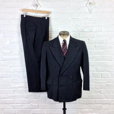 Size 40, 35x27 Vintage 1950s Men’s Black Wool Serge Double Breasted 2pc Suit 