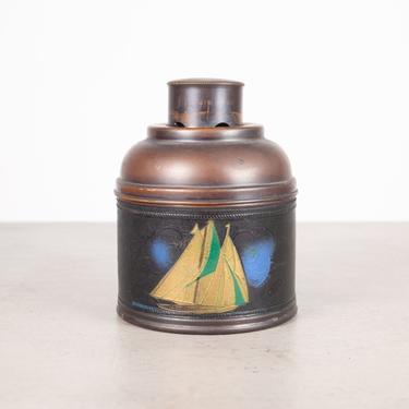 Hand Painted Antique Leather Wrapped Cooper Humidor c.1930