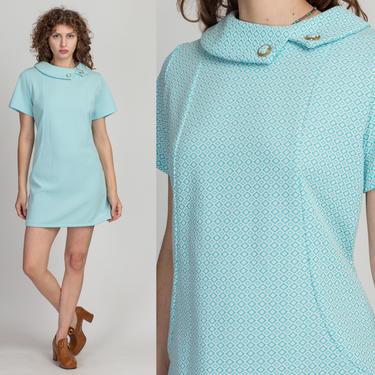 60s 70s Mod Blue Diamond Mini Dress - Petite Large | Vintage Collared A Line Short Sleeve Shift Dress 