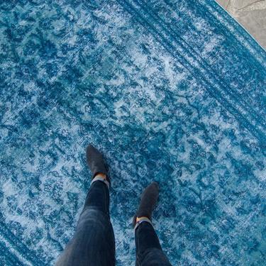 Vintage 7'8&quot; x 12' Rug Overdyed Distressed Blue Hand Knotted Wool Large Area Rug 1940ss - FREE DOMESTIC SHIPPING 