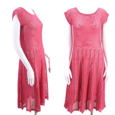 70s pink crochet flapper dress S / vintage 1970s rose crochet mesh bohemian 1920s 1930s inspired dress sz small 