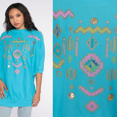80s Southwestern Shirt Turquoise Native American Tshirt Gold Southwest Blouse Geometric Print Aztec 90s Short Sleeve Blue Large xl xxl 