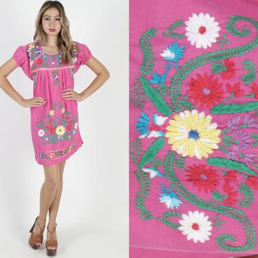 Pink Mexican Dress Cotton Hand Embroidered Dress Vintage 70s Bright Floral Puff Sleeve Festival Colorful Womens Summer Sun Mini Dress 