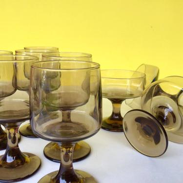 Mid Century Modern 1970s Smoke Amber Wine Glasses, Set of 8! 