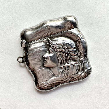 Antique Art Nouveau Sterling Silver Stamp Safe Locket Pendant w/ Goddess Aurora 