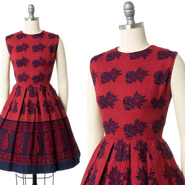 Vintage 1950s Dress | 50s Floral Polka Dot Paisley Border Print Red Cotton Sundress (xs/small) 