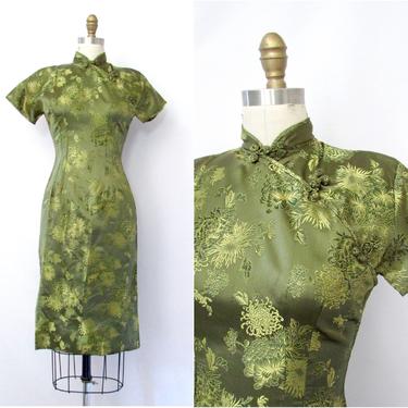 ASIAN PERSUASION Vintage 60s Brocade Cheongsam | 1960s Green &amp; Gold Floral Chinese Style Cocktail Dress | 50s 1950s Made in Japan | Small 