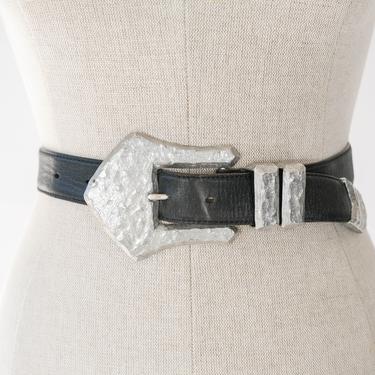 Vintage 80s Norma Kamali Black Leather Adjustable Belt w/ Hammered Silver Buckle & Tip | Made in USA | 100% Italian Leather | 1980s OMO Belt 
