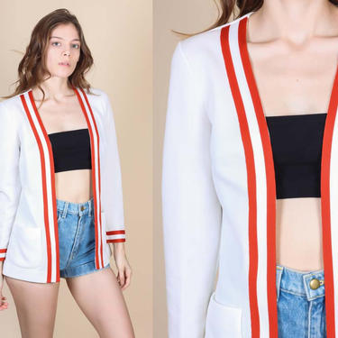 70s Mod Striped Blazer - Small | Vintage White & Burnt Orange Long Sleeve Cardigan Top 