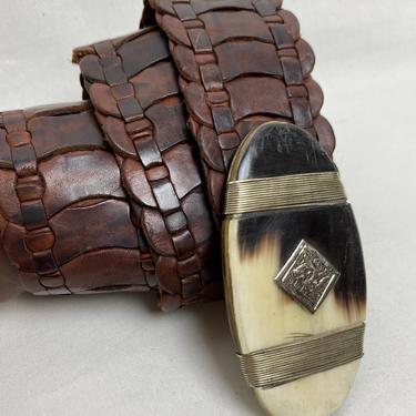 Vintage braided leather belt with ornate large bone buckle~boho hippie ~ brown~ rock n roll hipster~ size M/L  33”-37” waist | unisex 