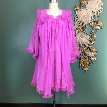 1960s peignoir set, vintage 60s lingerie, nightie and robe set, orchid pink nylon, medium large, mrs maisel style, rockabilly, pleated, 38 