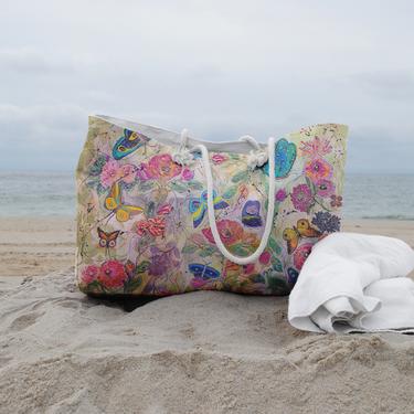 Butterfly Floral Nature Beach Tote Bag ~ Floral Butterflies All Over Tote Bag ~ Beach House Décor ~ &quot;You Give Me Butterflies&quot; Beach Bag 