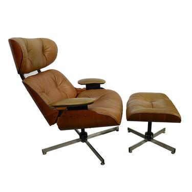 Leather Walnut Eames Style Reclining Chair &amp; Ottoman  Mid Century Modern Selig 