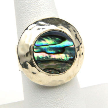 Vintage Hammered Sterling Silver &amp; Abalone Shell Ring Mexico Sz 7.25 