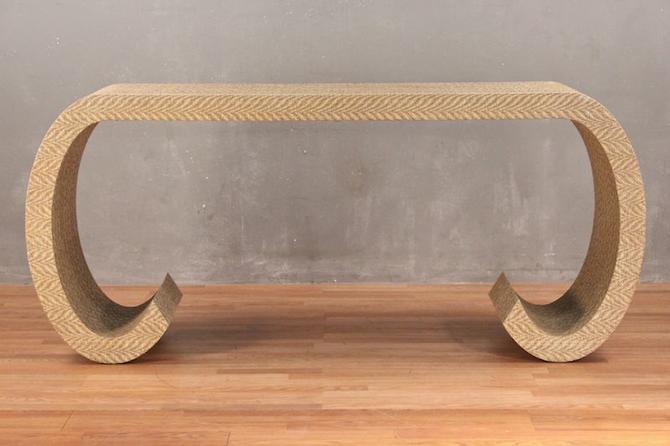 Lacquered Linen Scroll Console Table, Linen Console Table