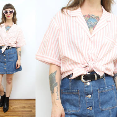Vintage 80's Pink and White Striped Button Up Blouse / 1980's Soft Cotton Summer Top / Tie Blouse / Women's Size Medium Large XL by Ru