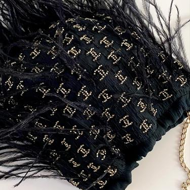 Vintage CHANEL CC Logo Black Quilted Satin Gold Beads Chain Handle w Ostrich Feathers Details Clutch Evening Bag Purse 