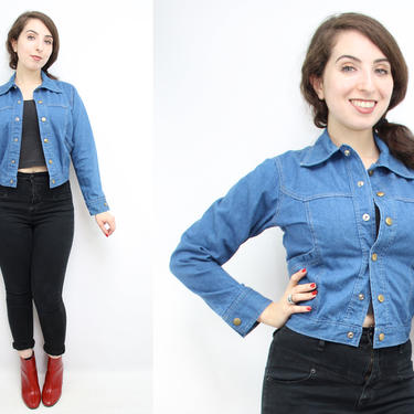 Vintage 70's 80's Cropped Blue Denim Jacket / 1970's Jean Jacket / Fall / Button Up Denim Top / Slim Fit w/ Pockets / Women's Size XXS - XS 
