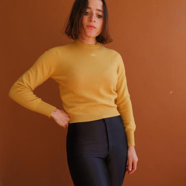 Vintage 50s Yellow Cashmere Sweater/ 1950s Cropped Long Sleeve Knit Top/ Size XS Small 