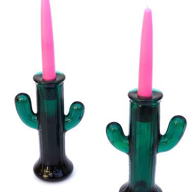 Vintage Green Glass Saguaro Cactus Figurines | Art Glass Candlestick Holders 