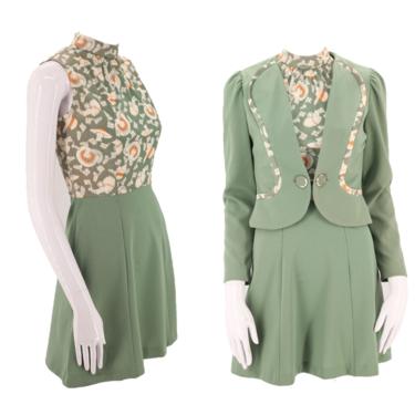 70s Deco print mini dress suit S  / vintage 1970s PATRICIA FAIR sage green novelty lady print outfit blazer set 