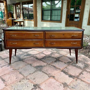 Italian Mid Century Modern 4-Drawer Rosewood Sideboard with Inset Colored Glass Top 