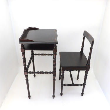 1800's Antique Child's School Desk &amp; Chair Set Mahogany Turned Figural Legs Country Farmhouse Petite Classroom Decor 