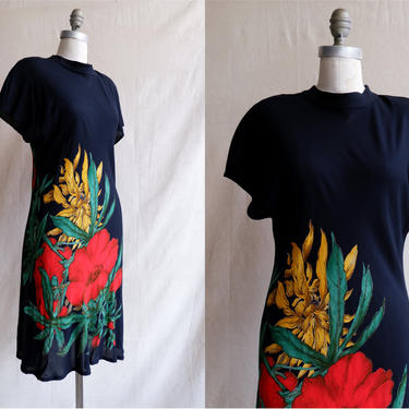 Vintage 90s Floral Bias Cut Dress/ 1990s Rayon Cap Sleeve Mock Neck Dress/ Size Medium Large 