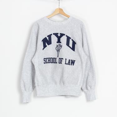 90s NYU School Of Law Champion Reverse Weave Sweatshirt - Men's Medium, Women's Large | Vintage New York University Heather Grey Pullover 