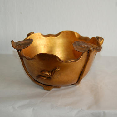 1950's Gold Gilt Bronze Bowl w Lotus Leaves, Seedpods, Lotus Stems Feet ~ Chōzubachi (手水鉢) ~ Ikebane ~ Water Bowl ~ Offering Bowl ~ Japan 
