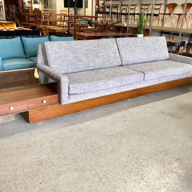 mid century modern restored 14 foot platform sofa with built-in end tables 