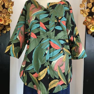1980s tunic blouse, vintage 80s blouse, 80s streetwear, tropical print top, cool stuff blouse, medium large, 3/4 length sleeves, cotton top 