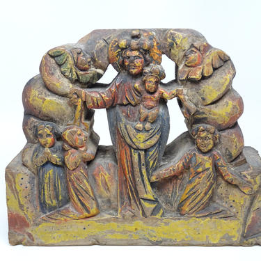 Antique Italian Madonna with Child Jesus, Hand Carved Relief Nativity with Angels, Holy Family, Religious Folk Art from Italy 