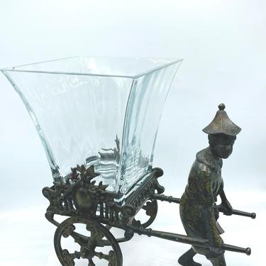 Castilian Glass Planter With Bronze Oriental Man and Bronze Rickshaw 