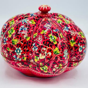 Red Floral Lacquer Paper Mache Box Kashmir India- Hand decorated Flower shaped 
