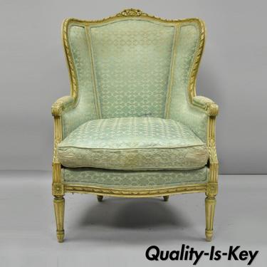 Antique French Louis XVI Distress Painted Cream Bergere Chair Armchair