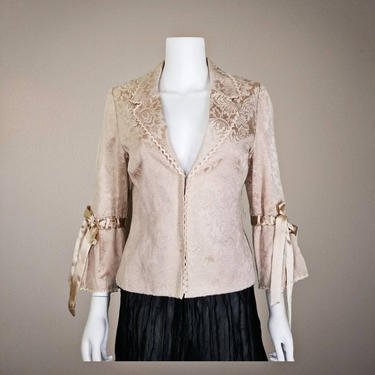 Vintage 90s Floral Brocade Jacket / Blush Beige Victorian Style Top / Satin Trim Bell Sleeve Jacket / Romantic Steampunk Style Fitted Jacket 