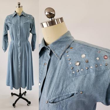 1980s Denim Dress with Studs and Rhinestones by Alain Toussaint 80s Studded Denim Dres 80's Women's Vintage Size Large 