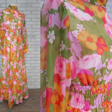 Orange Yellow and Pink Flowered Long Maxi Dress Size Medium/Large M-L 