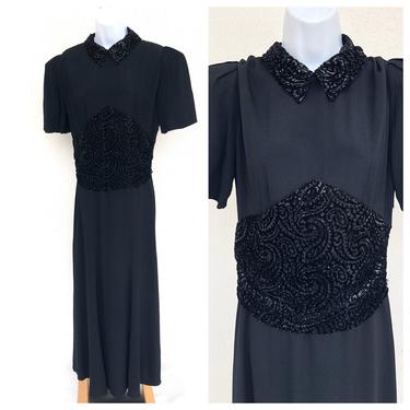 Vintage VTG 1940s 40s Black Crepe Maxi Dress with Snapaway Collar 